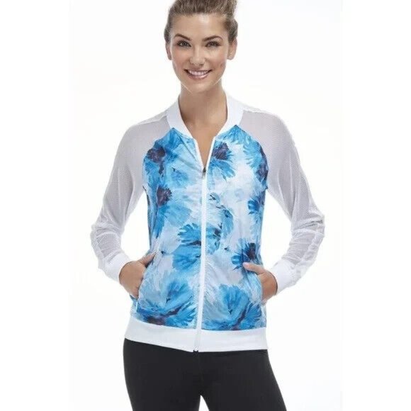 Fabletics Jackets & Blazers - Fabletics Jacket Atlanta White Blue Floral Zip Mesh Sleeve Bomber